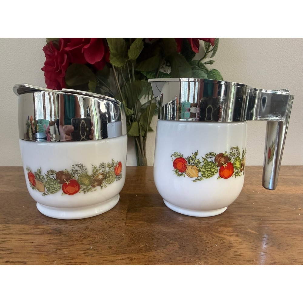 Vintage Gemco Milk Glass Creamer Sugar Bowl Set Chrome Lids Vegetable Pattern